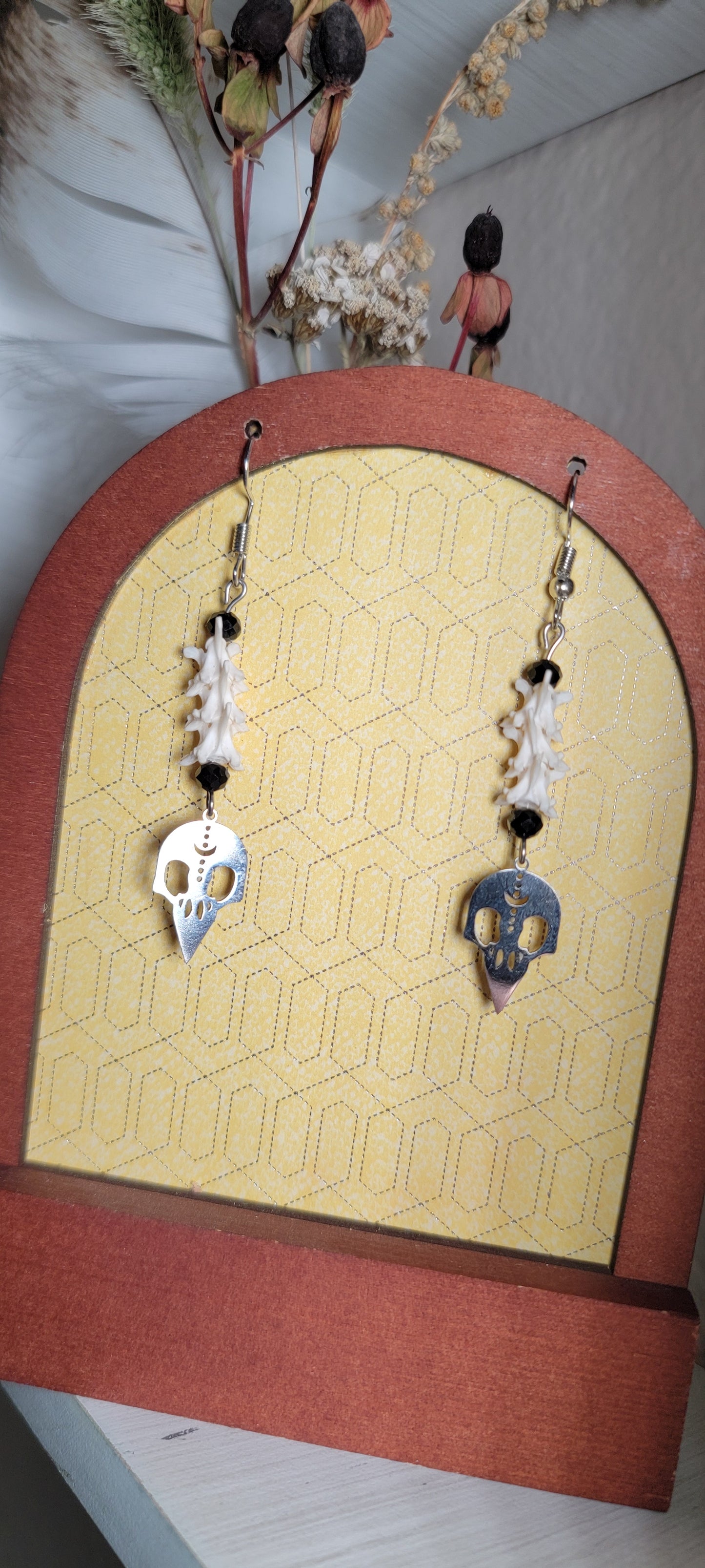 Earrings - Rattlesnake Vertebrae and Bird Skull Charm