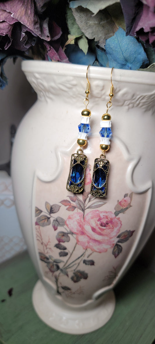 Earrings - Fish Bone with Blue Gem in Victorian Style Charm