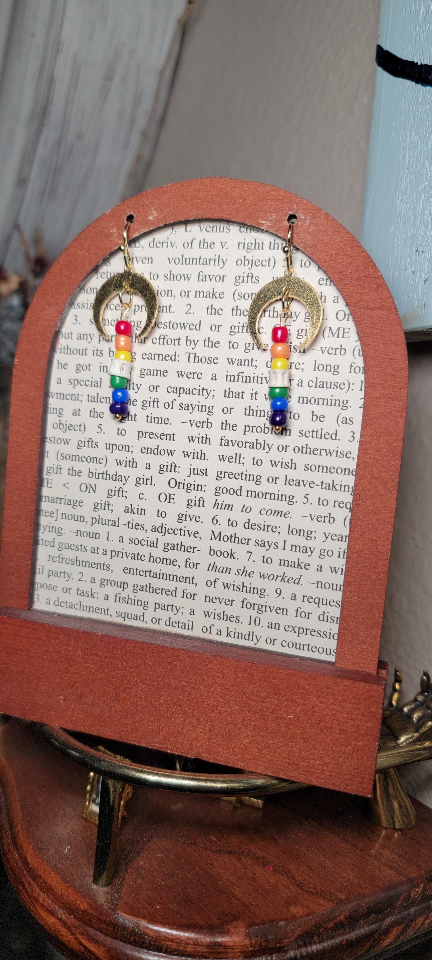 Earrings - Fish Bone with Crescent Moon and Rainbow