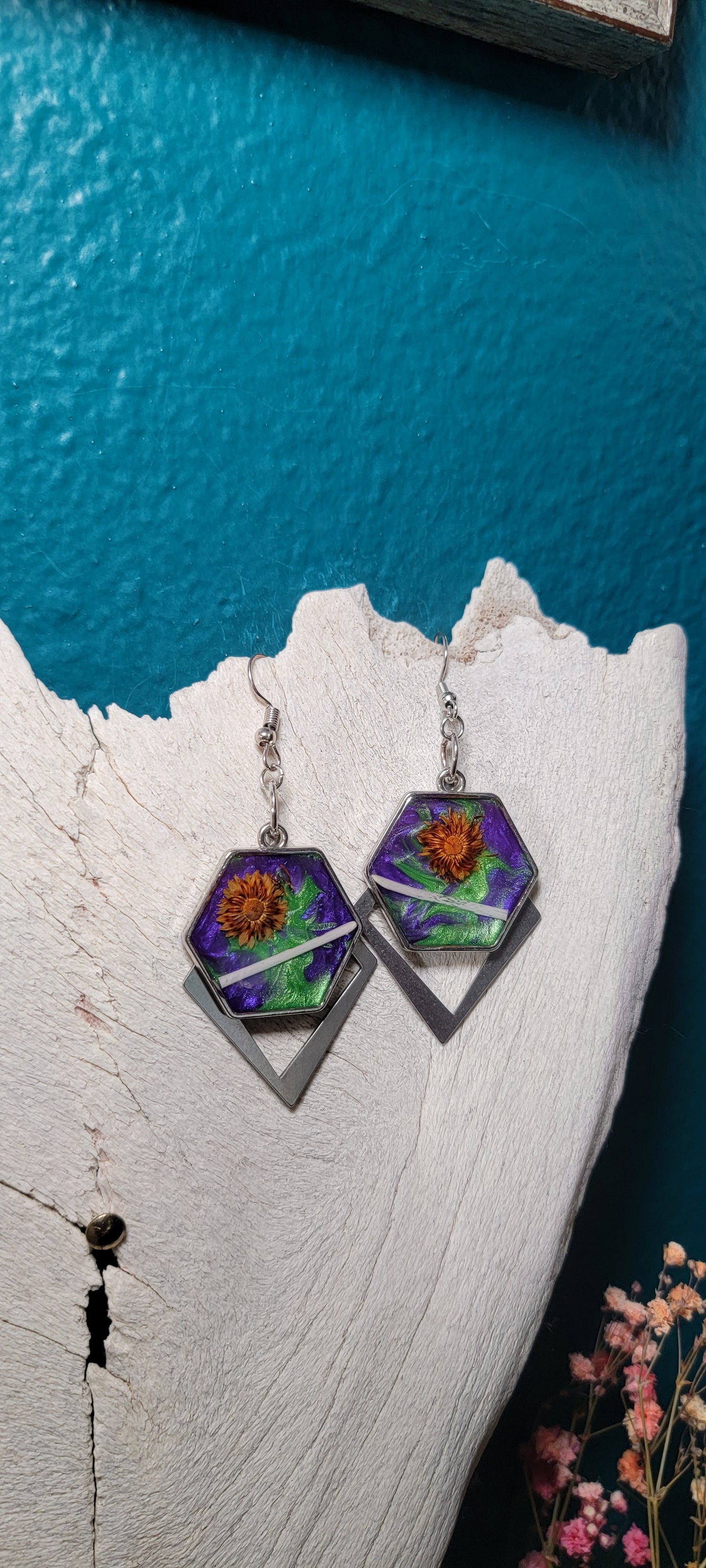 Earrings - Pheasant Bone with Green and Purple Background and Orange Floral