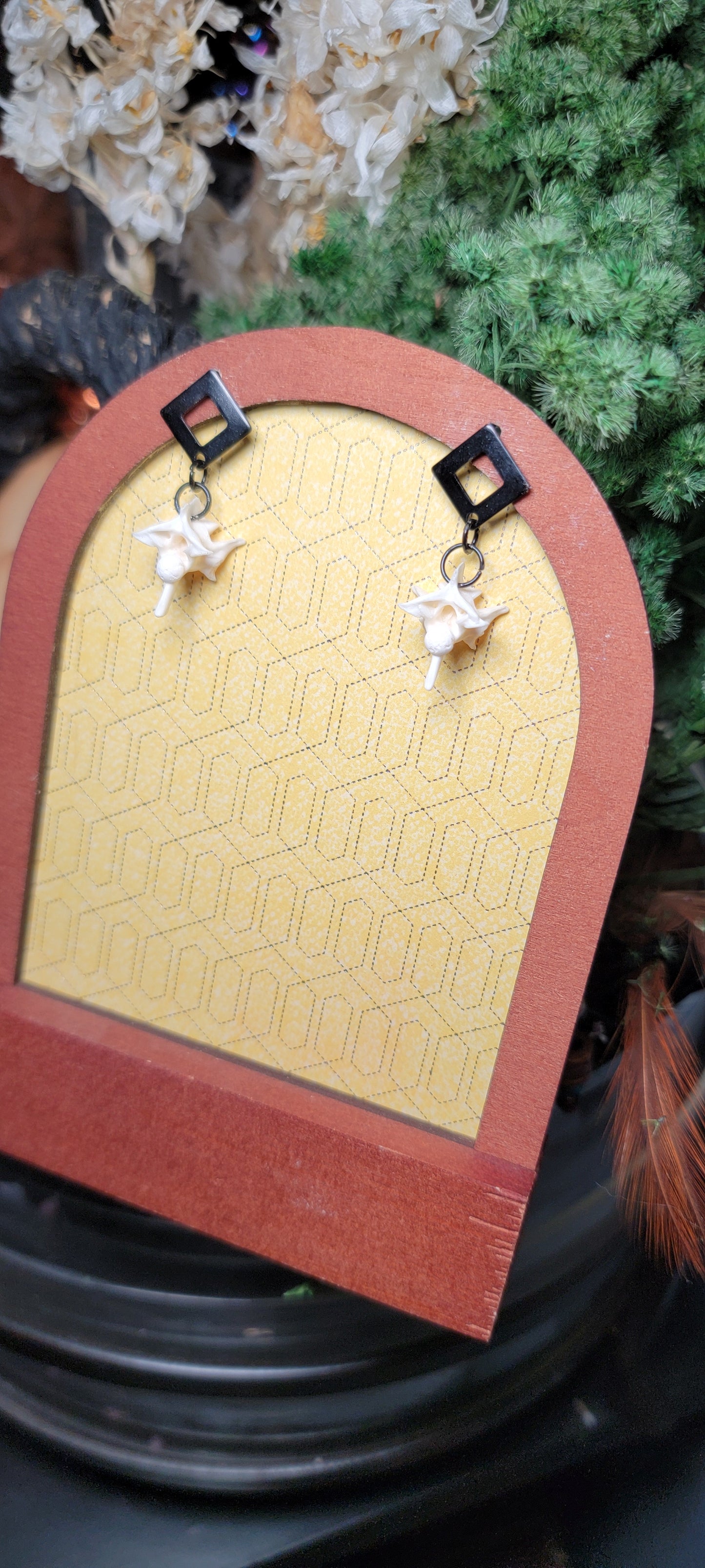 Earrings - Post - Rattlesnake Vertebrae with Black Diamond