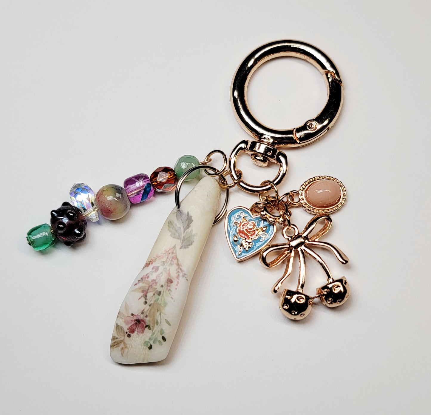 Key Chain/Bag Charm- Bison Tooth W/ Floral Design