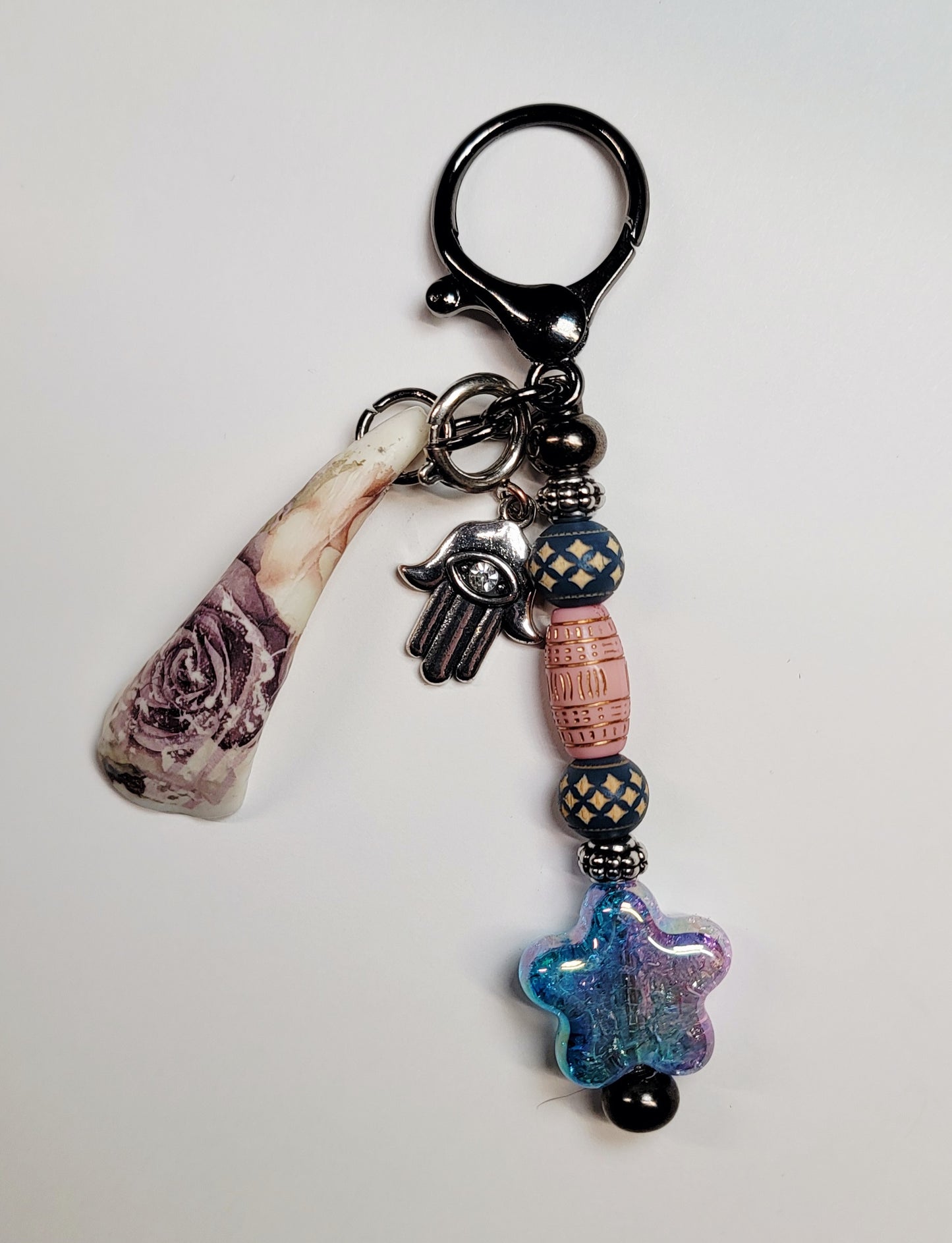Key Chain/Bag Charm- Bison Tooth W/ Purple Floral
