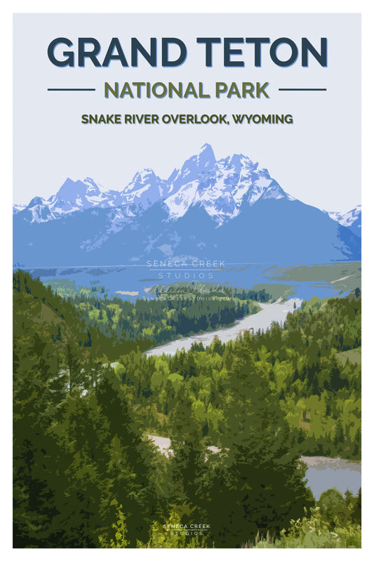 vintage style poster of the Grand Teton Snake River Overlook outside of Jackson Wyoming