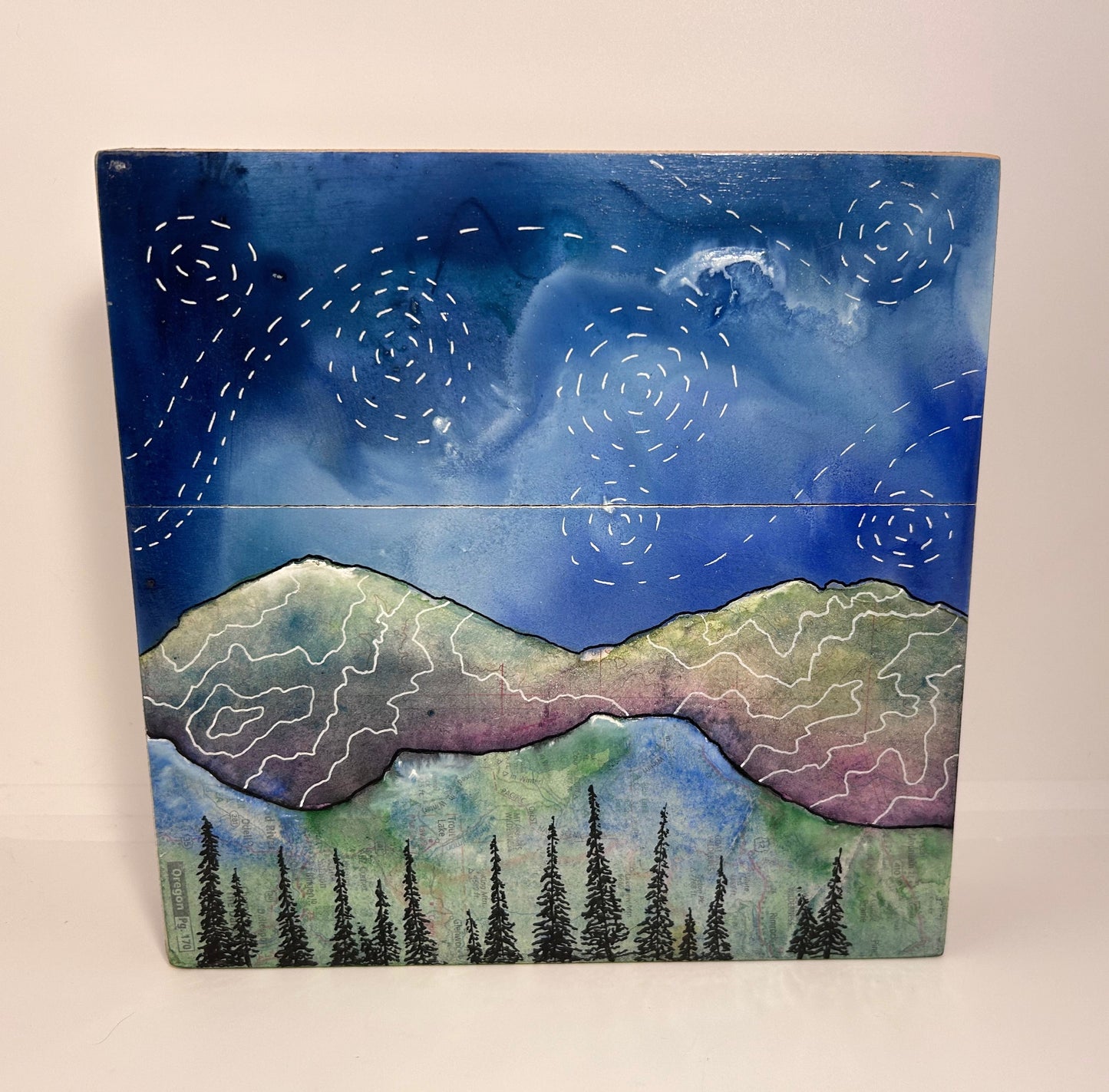 " Lake View Mountain " Original Mixed Media Wood Panel Art