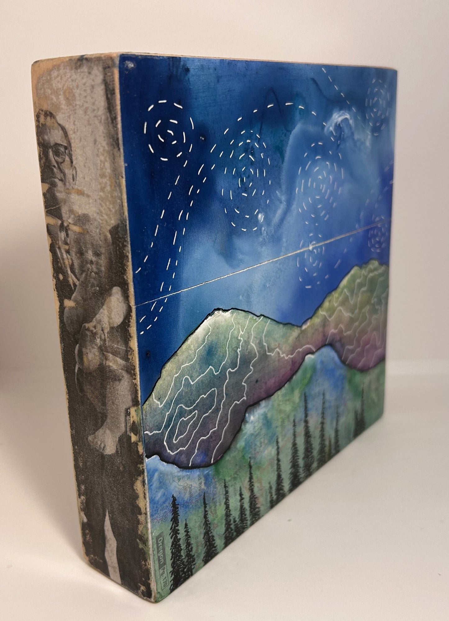 " Lake View Mountain " Original Mixed Media Wood Panel Art