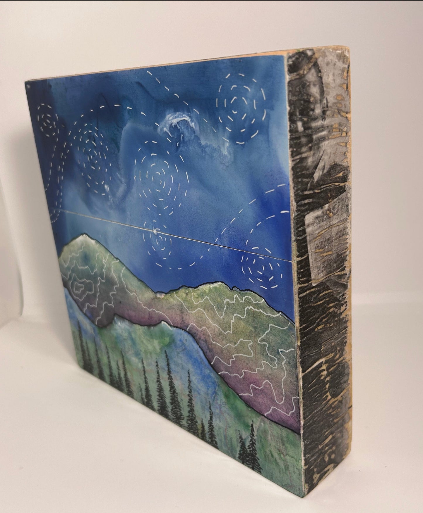 " Lake View Mountain " Original Mixed Media Wood Panel Art