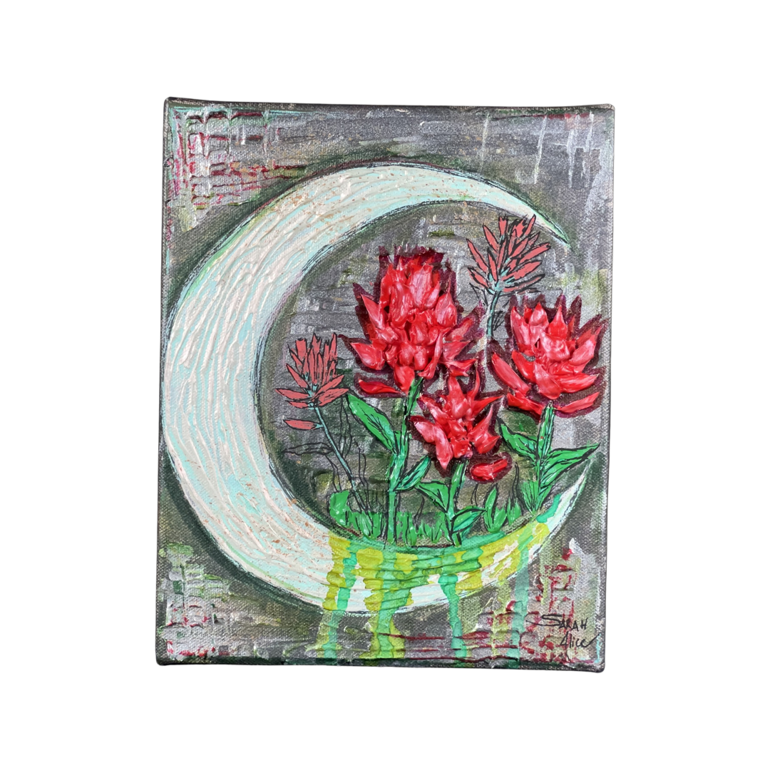 Original Textured Painting Indian Paintbrush looks like it is sitting on the moon Indian Paintbrush is the State flower of Wyoming Dark gray sparkly background with color and textures in the corner. Textured Paintbrush along with non-textured Paintbrush. Green from the stems drips down from the flowers over the moon Canvas wrapped on wooden frame D-ring and wire attached for hanging 8" Long x 10" high x 2" wide