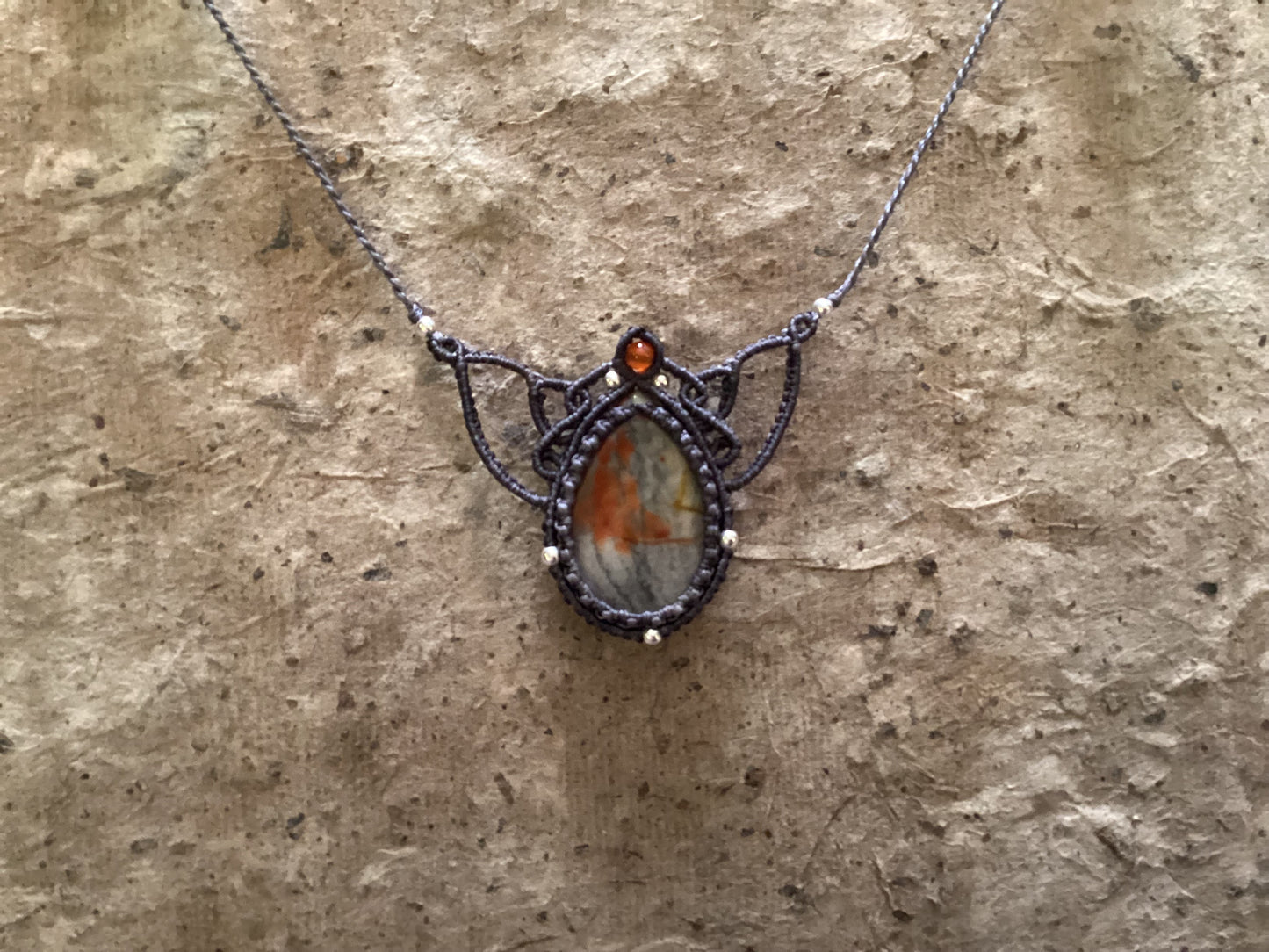 Adjustable Necklace -Grey Orange Agate on Grey Cord