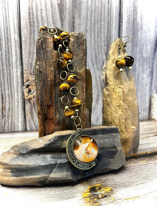 Earring and Necklace Set - Tigers Eye and Brass