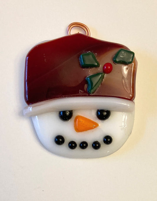 Fused Glass Ornament  Snowman head with red-brown hat.  Three holly leaves on hat.