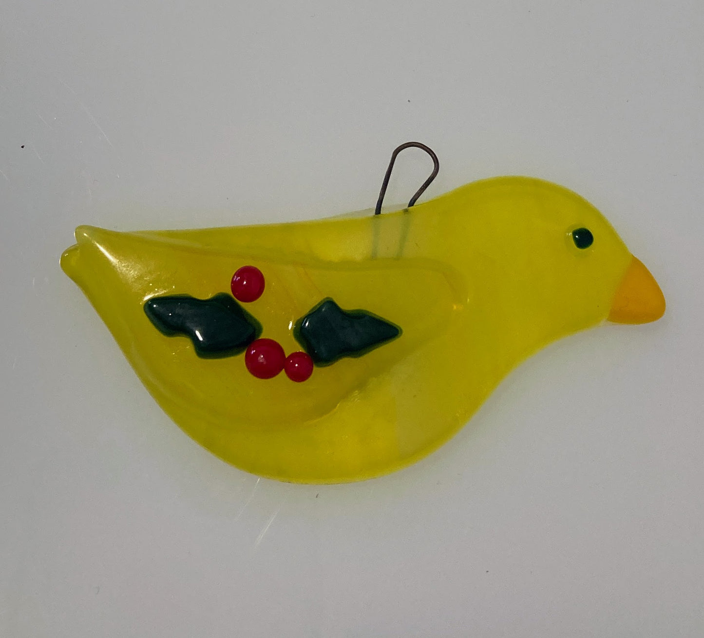 Yellow bird shaped fused glass ornaments