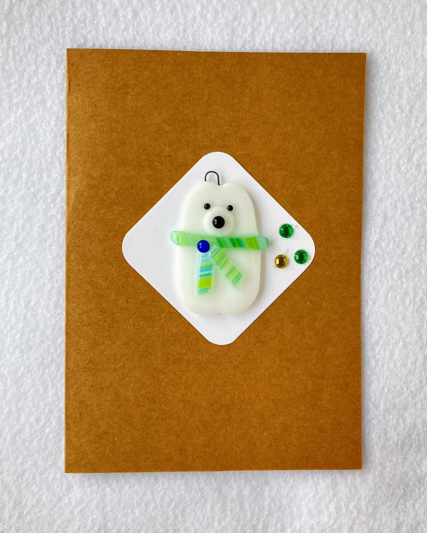 Fused Glass Christmas Ornament Polar bear with green and white striped scarf Blue button on scarf