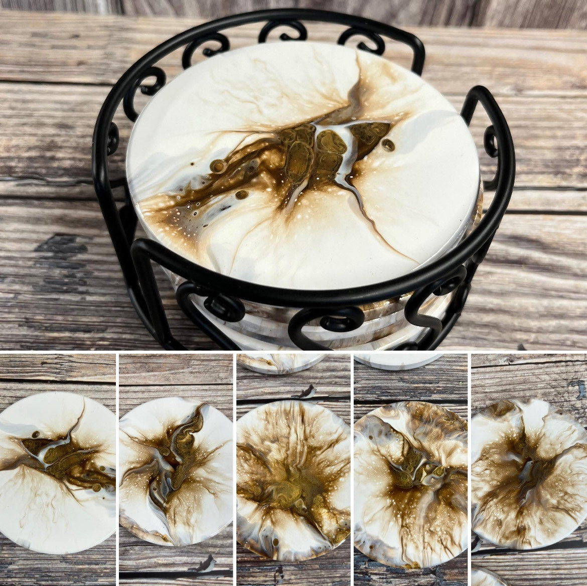 Coaster Set "Dark Umber Gray and White" Set Of 5 W/ Holder