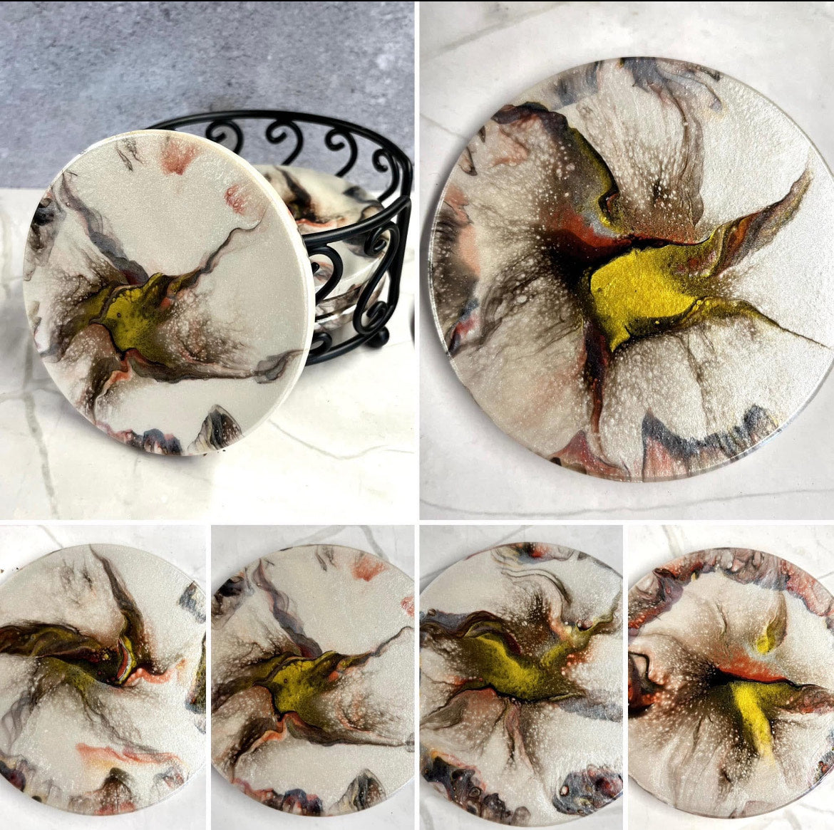 Coaster Set "Pearlized White, Red, Gold, and Black" Set Of 5 W/ Holder