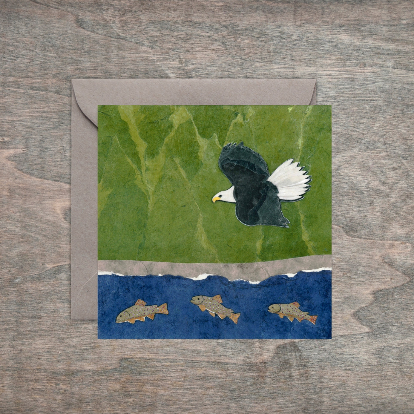 " In Flight - Bald Eagle Fishing " Paper Collage Art