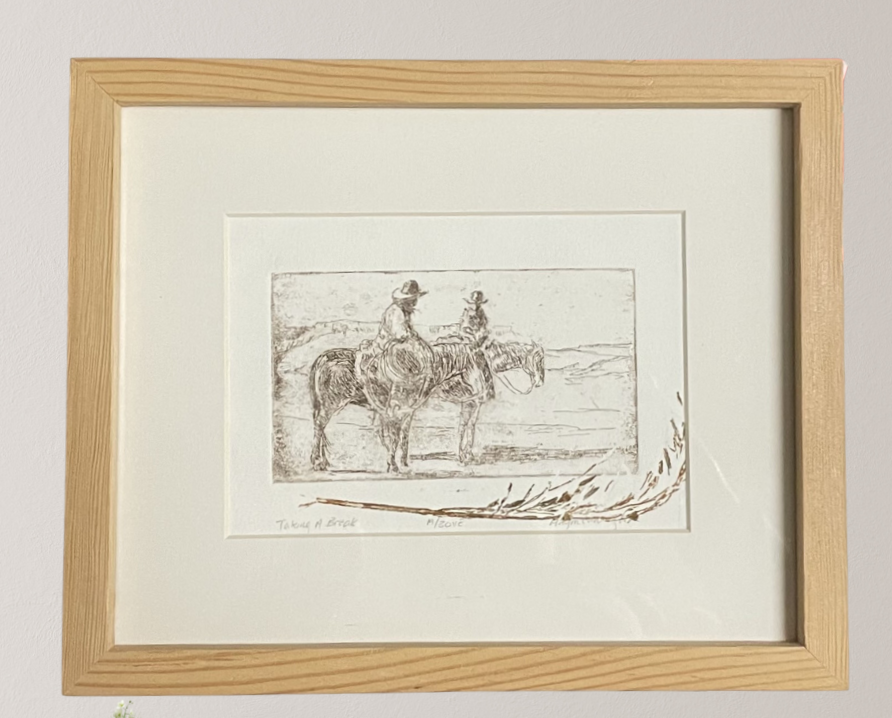 " Taking a Break " Cowboys on Horses Framed Etching Artist: Mary Cunningham Hours Spent in the saddle, branding, trailing livestock or checking pastures. The cowboy's breakroom is often in the saddle as they take five, share some stories and get ready to go back to work #19 of a Variable Edition of 30 Original Intaglio Prints