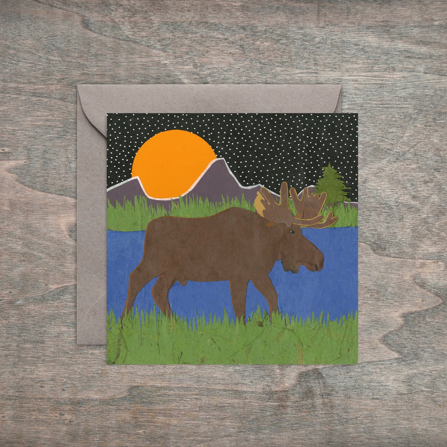 " Full Bull Moon Moose " Paper Collage Art