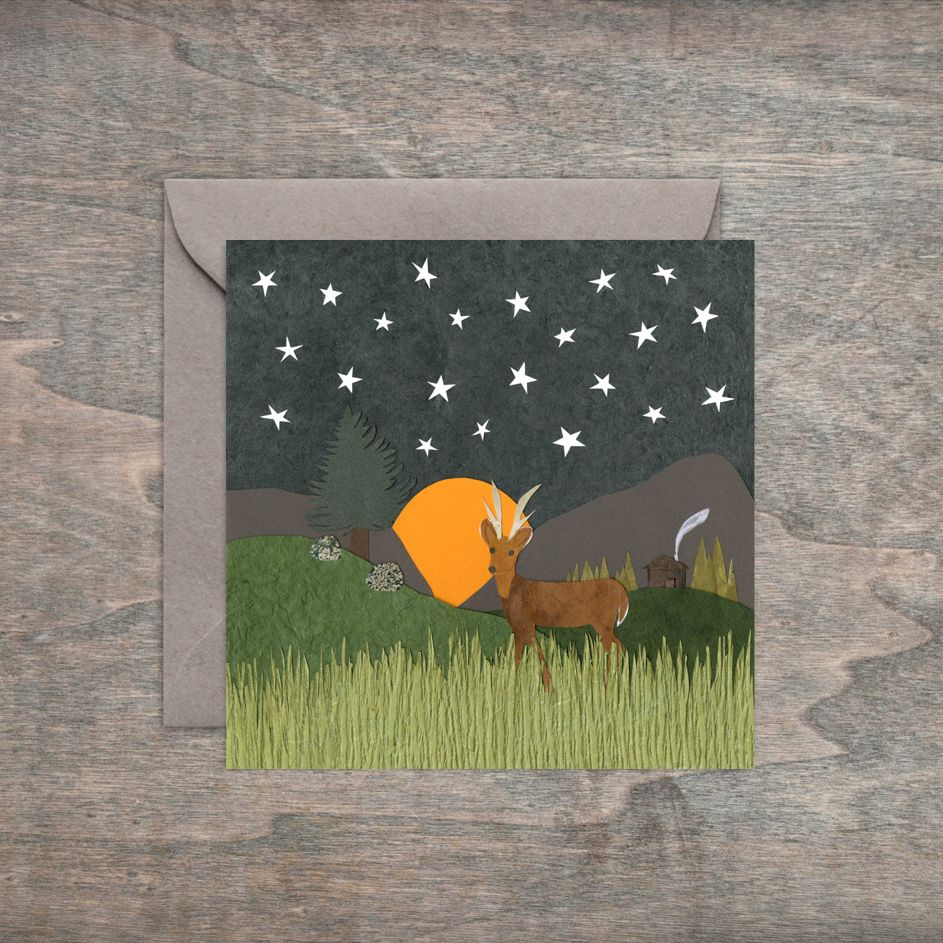 " Deer and Cabin " Paper Collage Art
