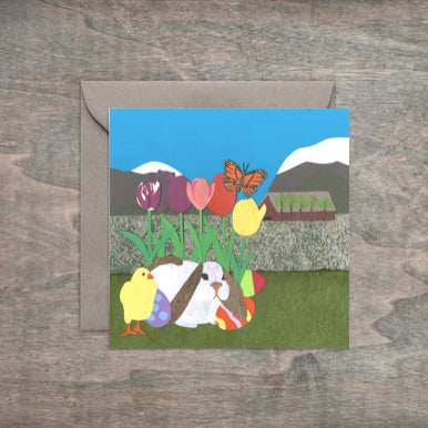 " Easter Bunny, Tulips and Butterfly " Paper Collage Art