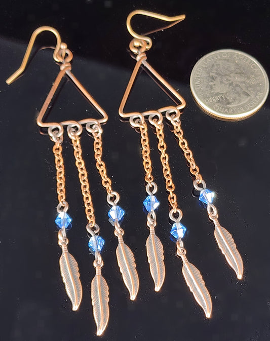 Earrings - Copper Feathers and Blue Beads with Triangle