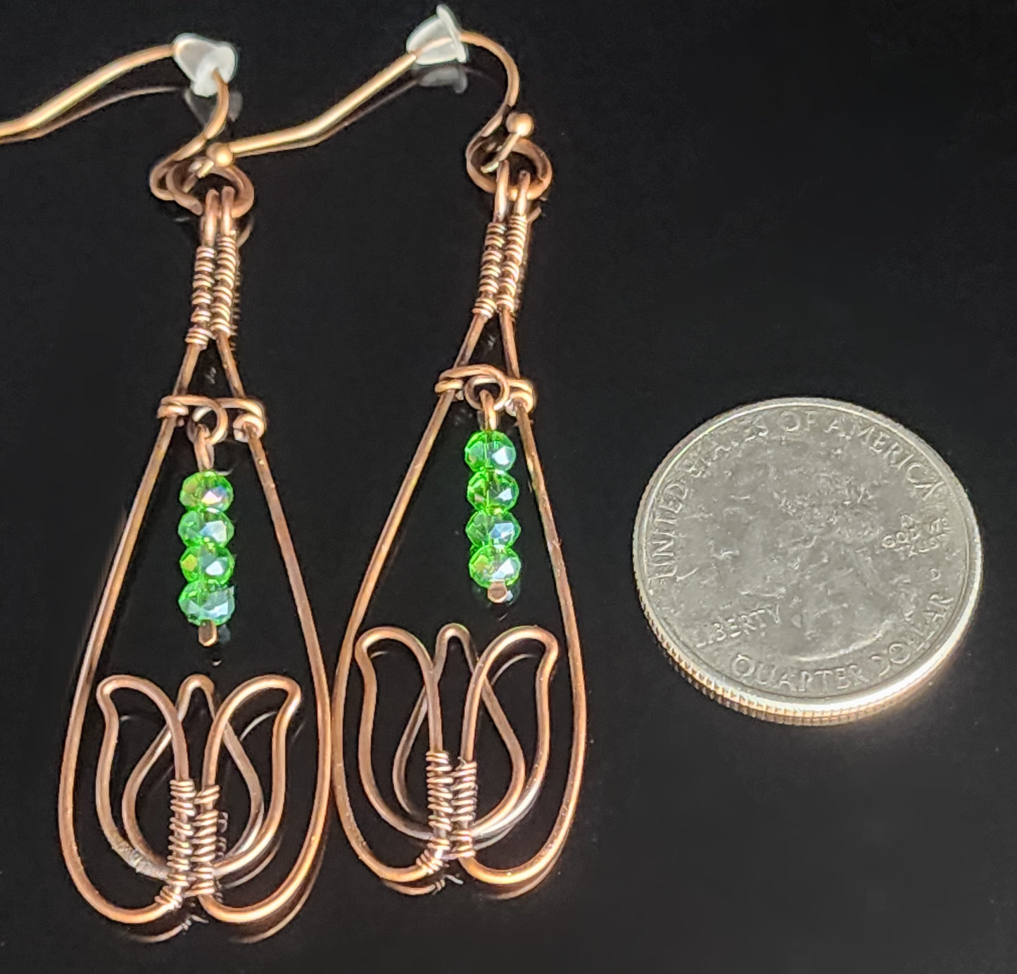 Green Bead Copper Tulip Earrings