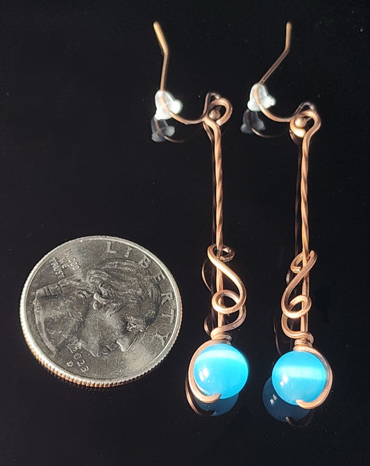 Earrings - Blue Cat's Eye Sphere Dangle