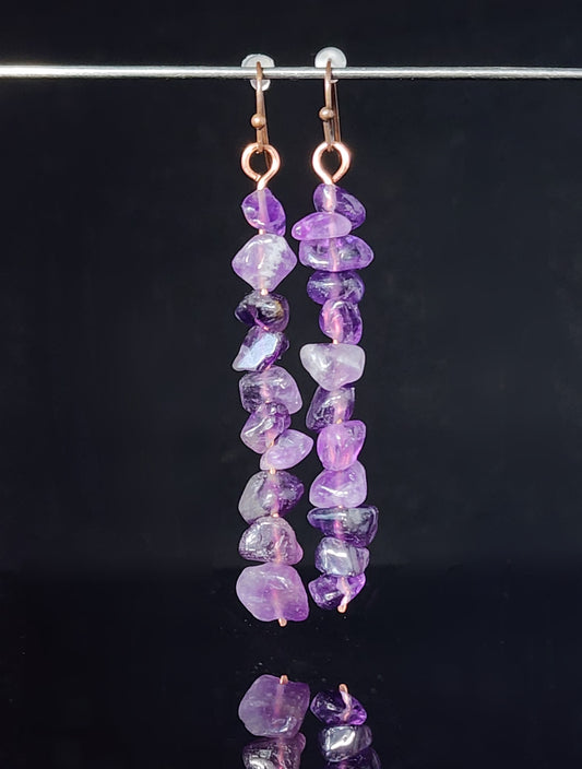 Amethyst Chip Dangle Earrings Artist: Lindsey Griffin   Copper earrings with amethyst chips   Dangle earrings with chips of turquoise   Copper ear wires   2" long x  1/4" wide