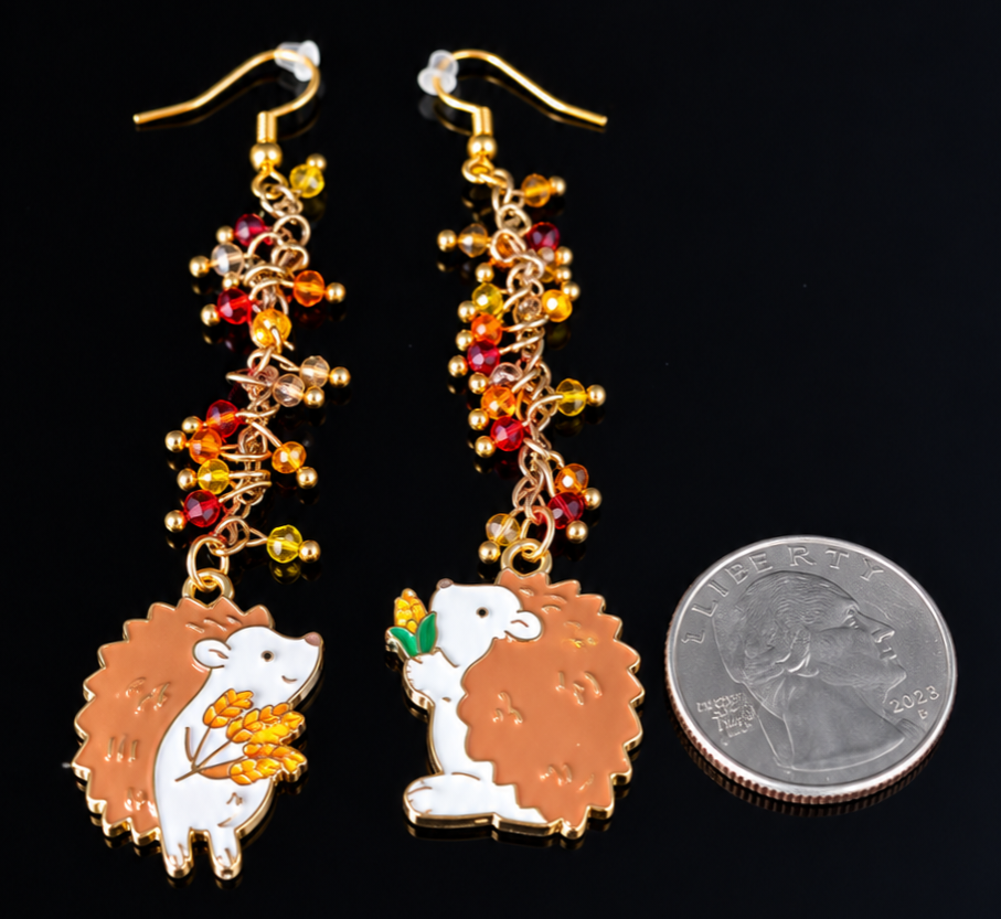 Earrings- Fall Themed Dangles- Hedgehog Couple