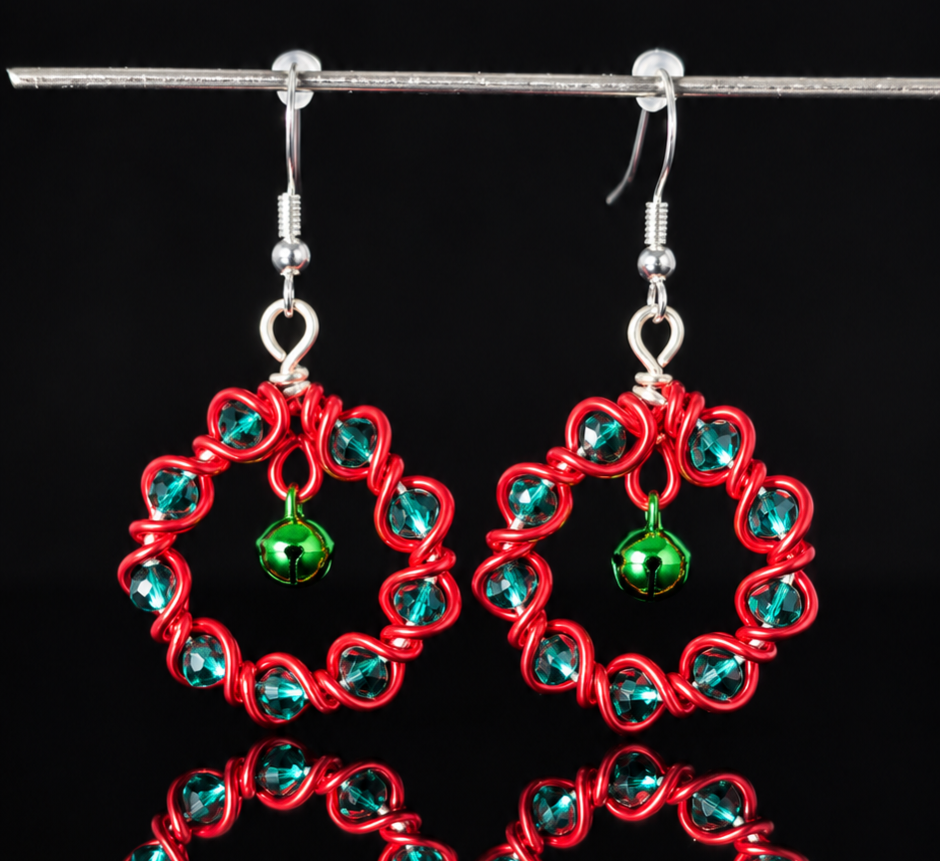 Earrings- Holiday Themed- Wreath- Red and Green W/ Bell