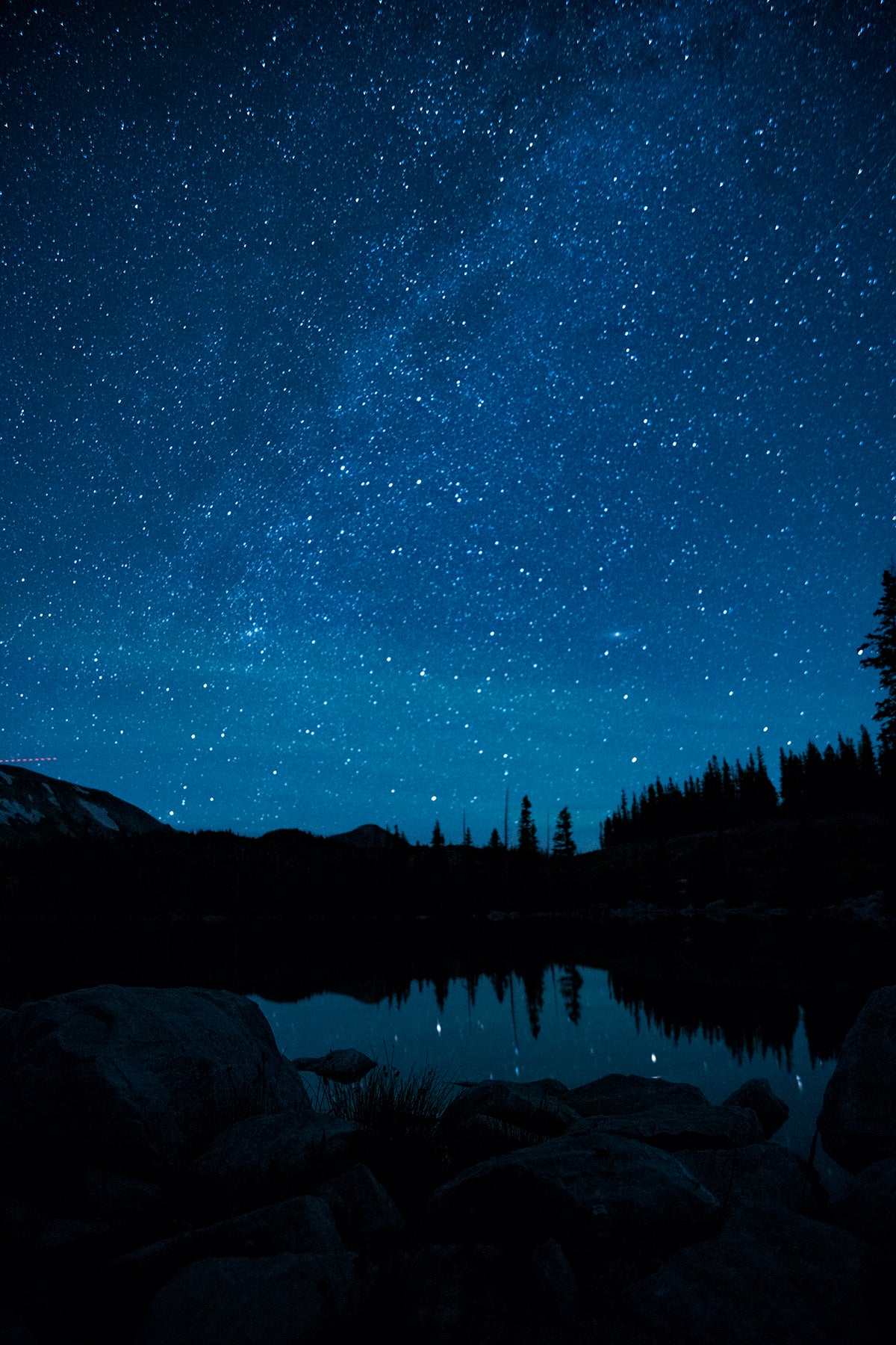 Night view of lake Marie Stars in a beautiful clear sky with pine trees reflected in the lake 4" long x 6" wide x 1/16" high