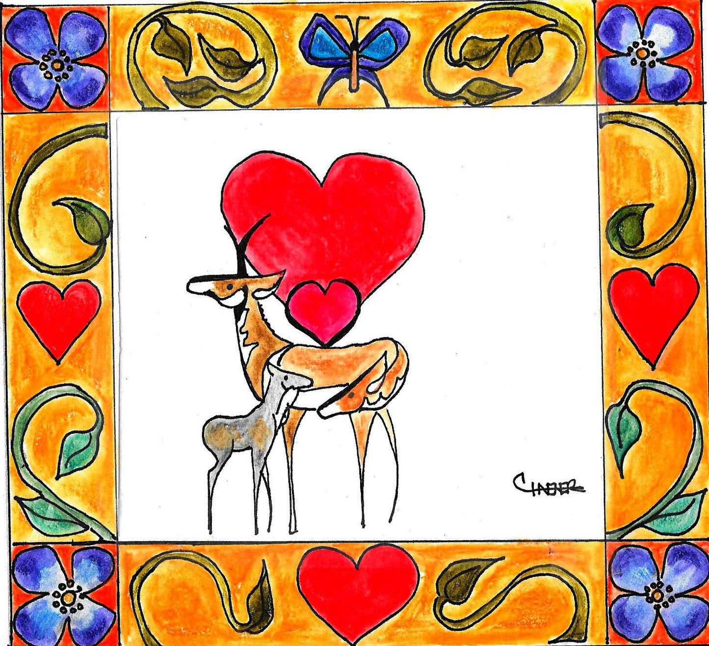 a loving antelope family is the center of this card. purple flowers are in the corners with vines, hearts, and butterflies as the boarders.