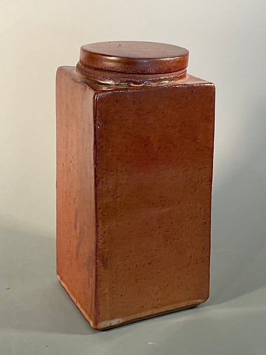 Hand thrown stoneware  Square shape with rectangle lidded slab jar  Shino glaze