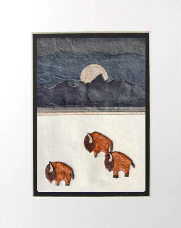 " Moonlit Buffalos " Paper Collage Art
