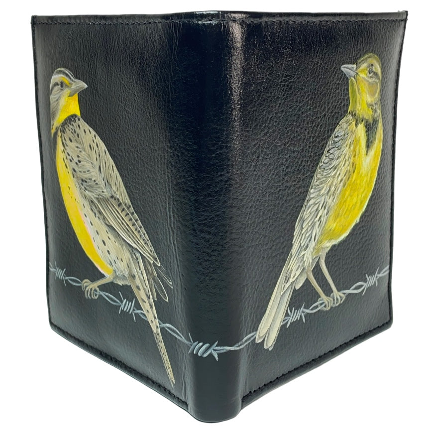 Meadowlark Pair Perched on Barbed Wire on Black TALL Bi-Fold Wallet