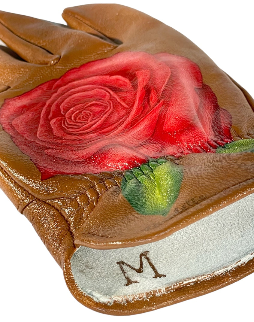 Red Roses on Brown Medium Leather Gloves