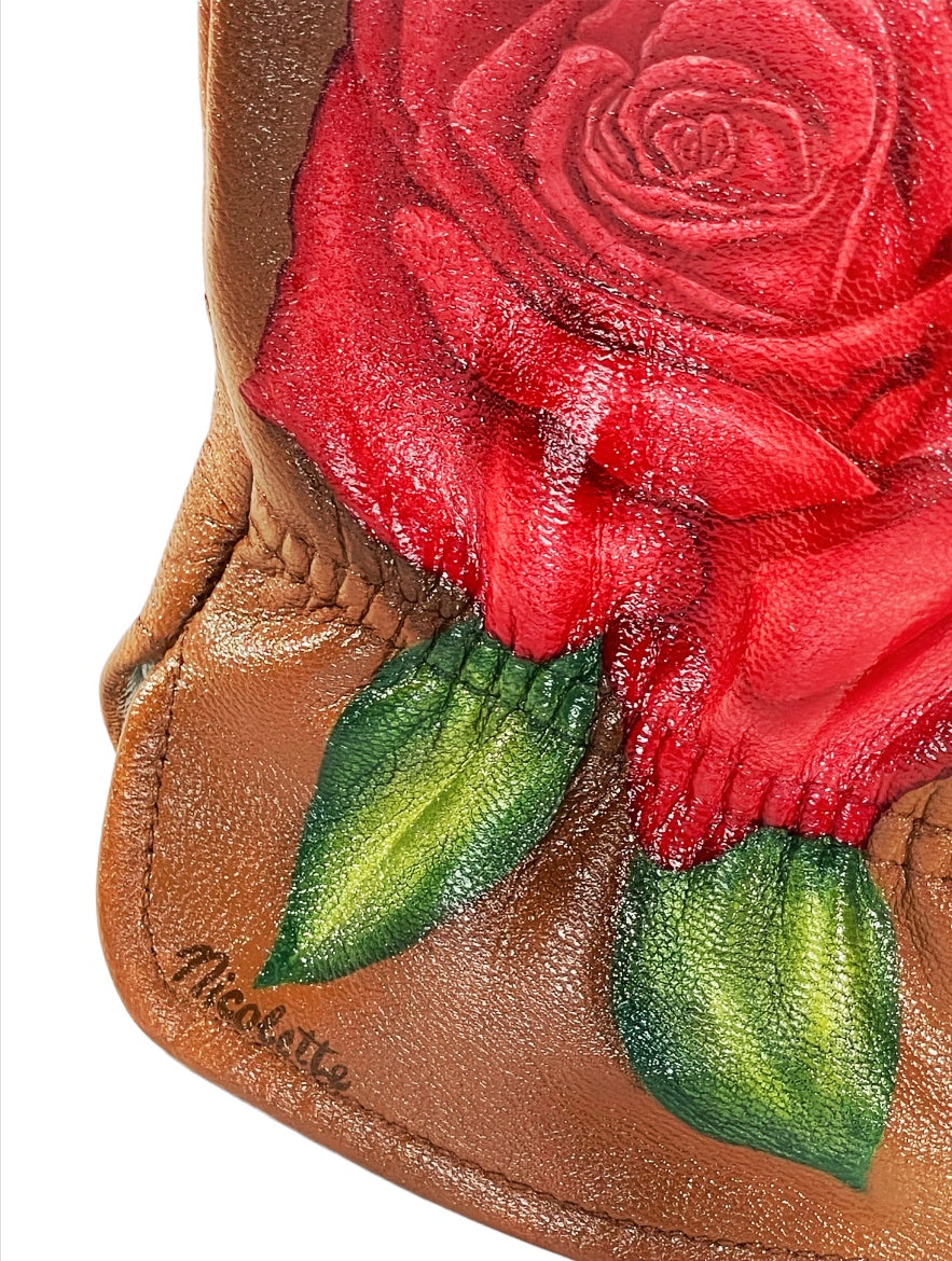 Red Roses on Brown Medium Leather Gloves