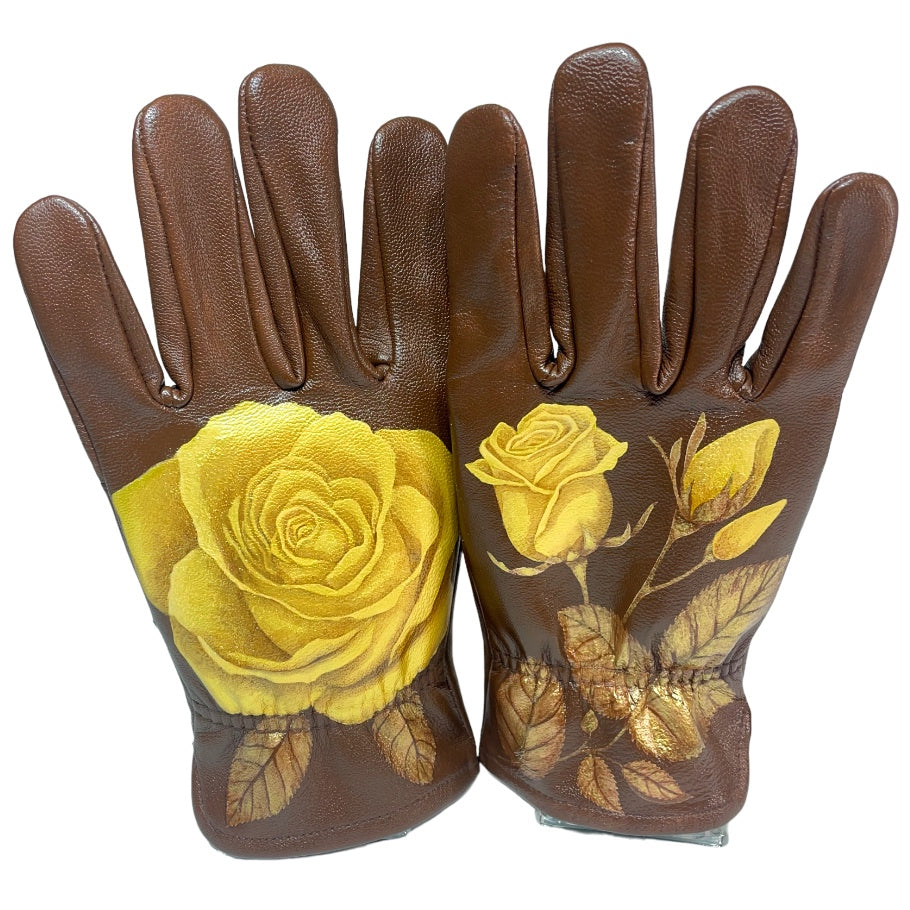 Yellow Rose and Rose Buds on Brown Medium Leather Gloves