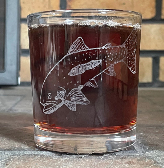 Engraved whisky glass with yellowstone cutthoat trout