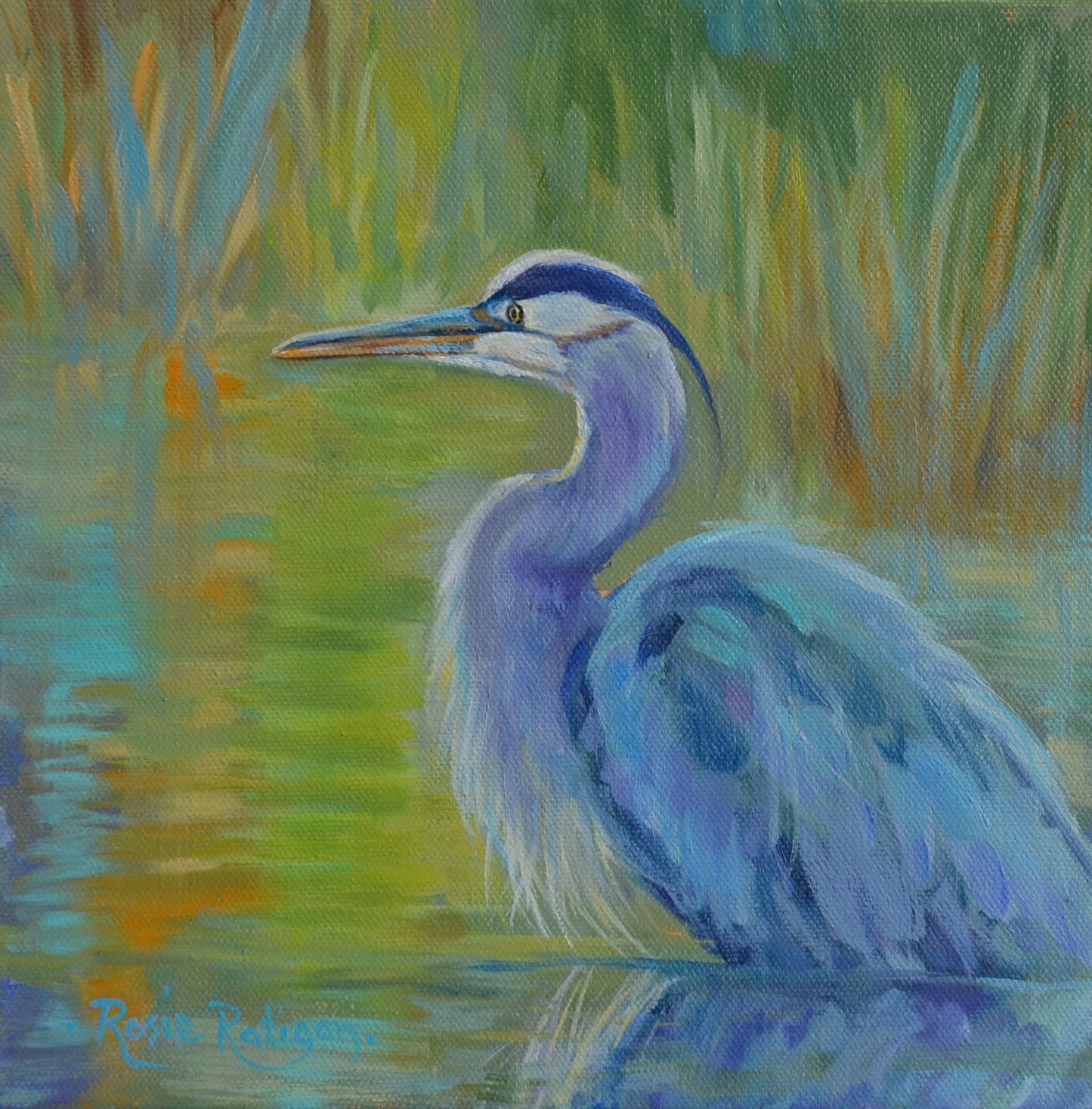"Waiting" Great Blue Heron Original Oil Painting