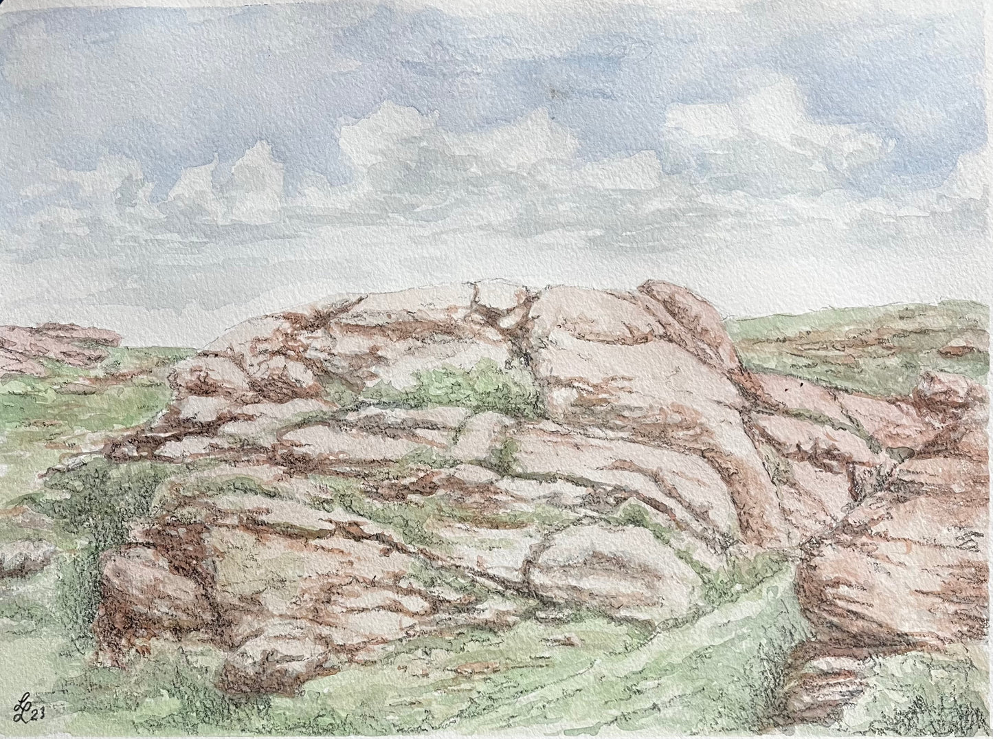watercolor and ink painting of fun rock formations just south of Laramie Wyoming in Tie Siding. These rocks are similar to those found in Vedauwoo Wyoming