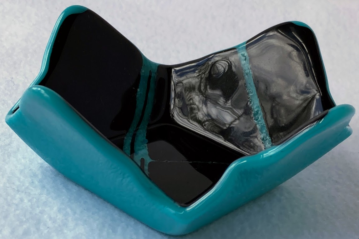 " Black, striped Teal " Fused Glass Dish