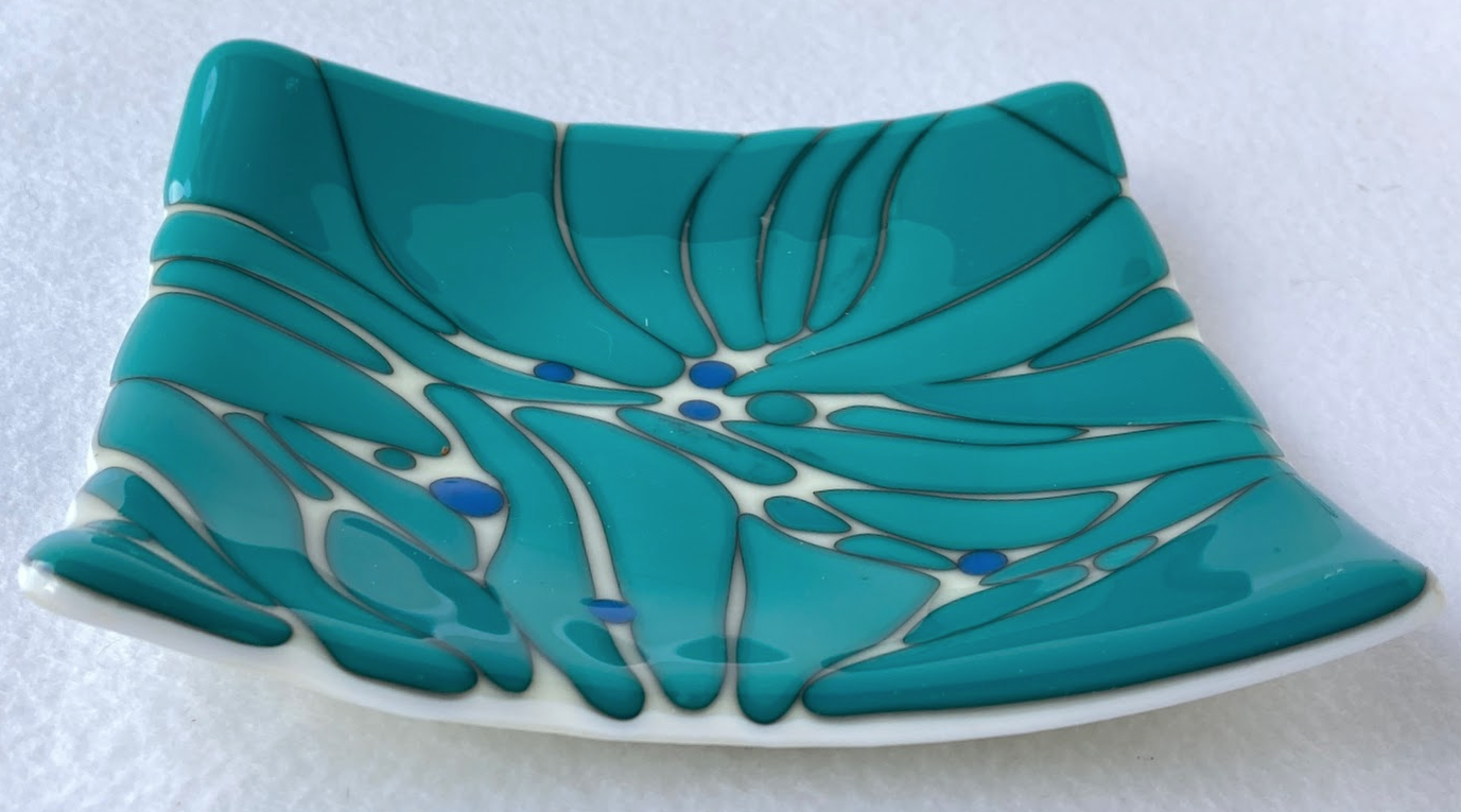 " Cream with Teal and Blue Dots " Fused Glass Dish