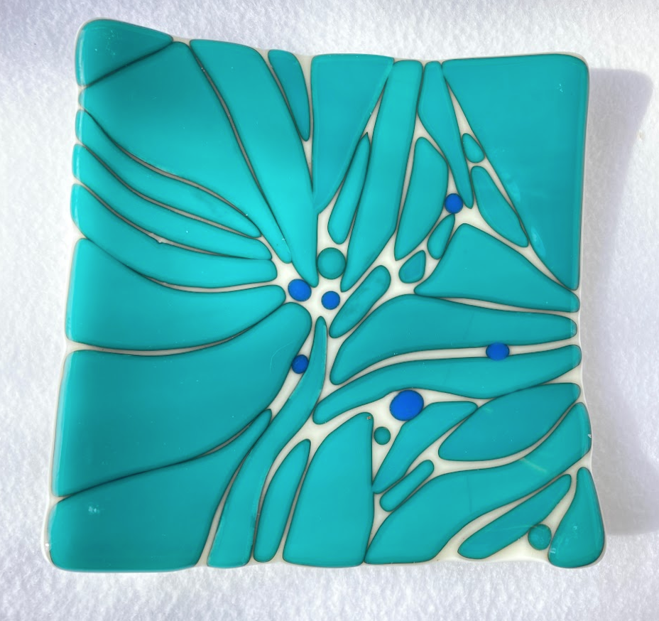 " Cream with Teal and Blue Dots " Fused Glass Dish