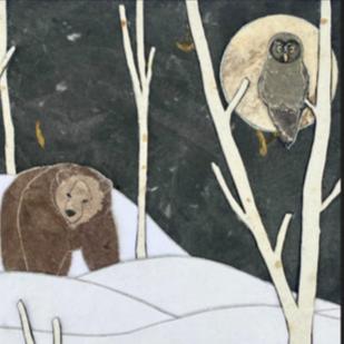 Paper Collage Print - " Snowy Night Gray Owl and Grizzly "
