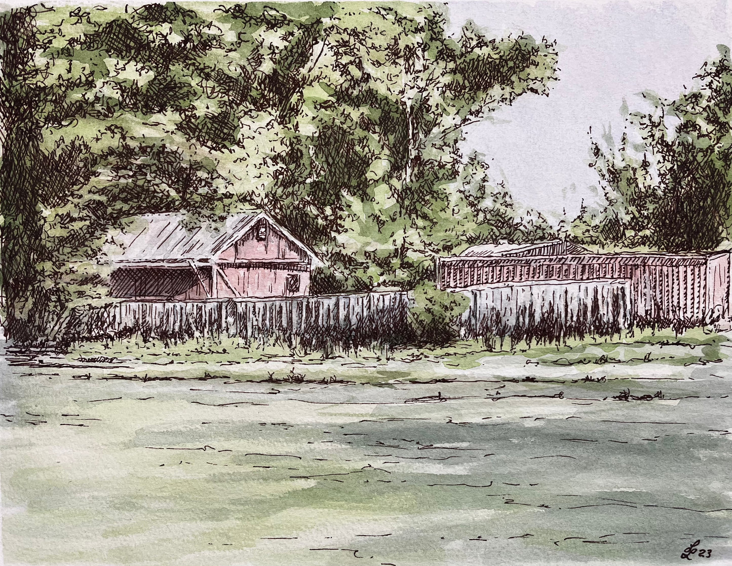watercolor and ink painting of two wooden buildings near Optimist Park in Laramie Wyoming. wooden fence around the side of the buildings with large trees surrounding them