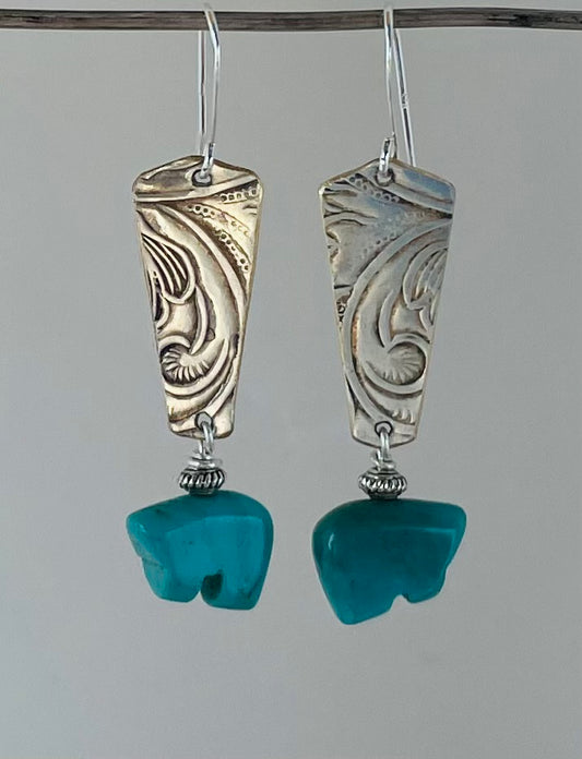 Turquoise Bear Earrings on Embossed Silver Plate