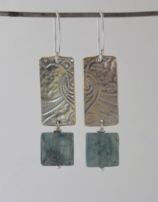Sage Kyanite Square stone Earrings on Hammered and Embossed Silver Plate