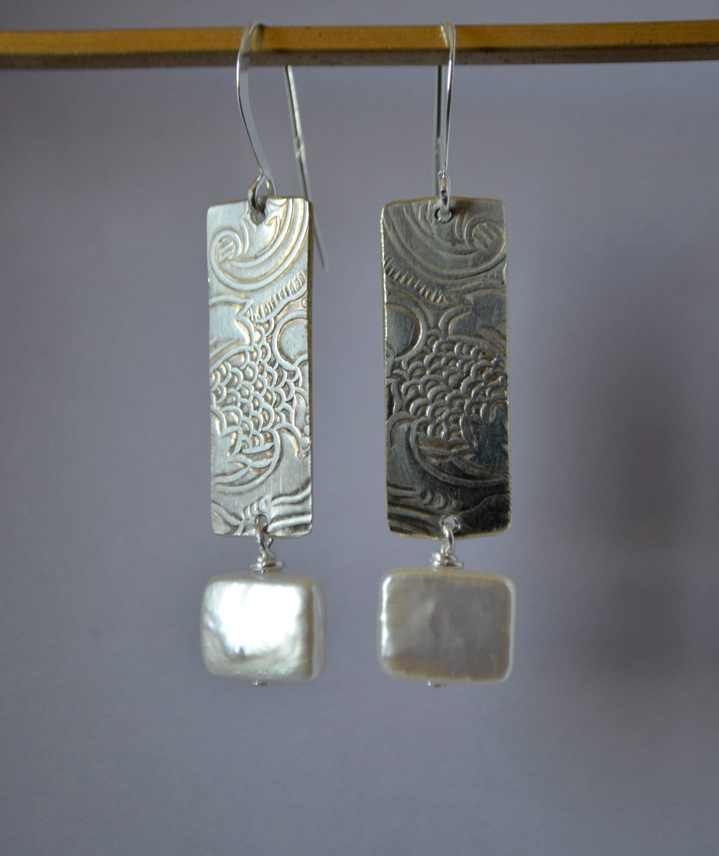 Fresh water Rectangle Pearls on Embossed Silver Plate (recycled) with Sterling Silver Wires