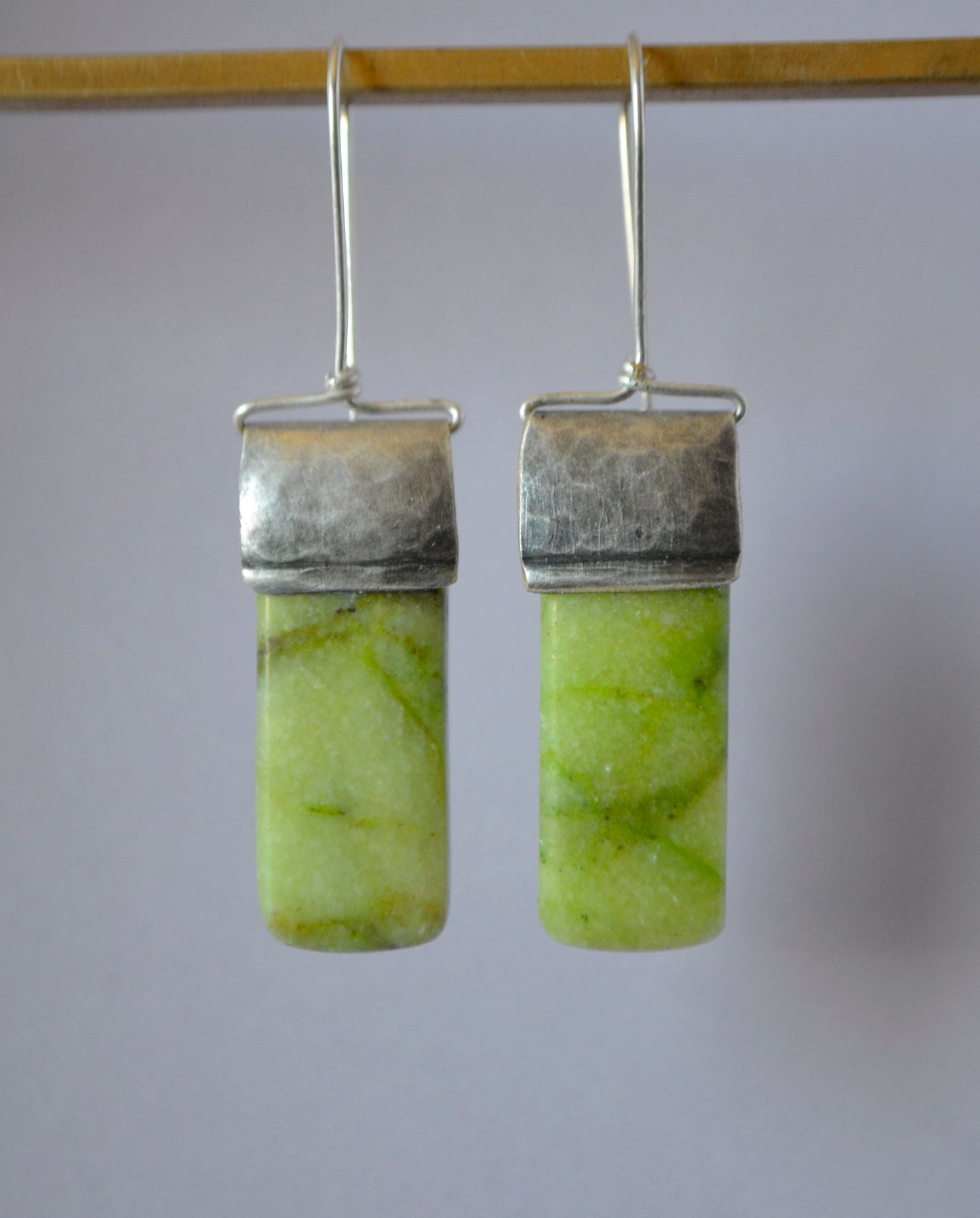 Yellow Green Jade Stones on Hammered Silver Plate Edging (recycled) with Sterling Silver Wires